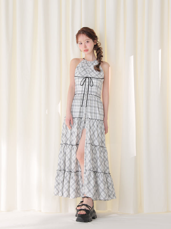 Halter check slit long onepiece(eme10903)