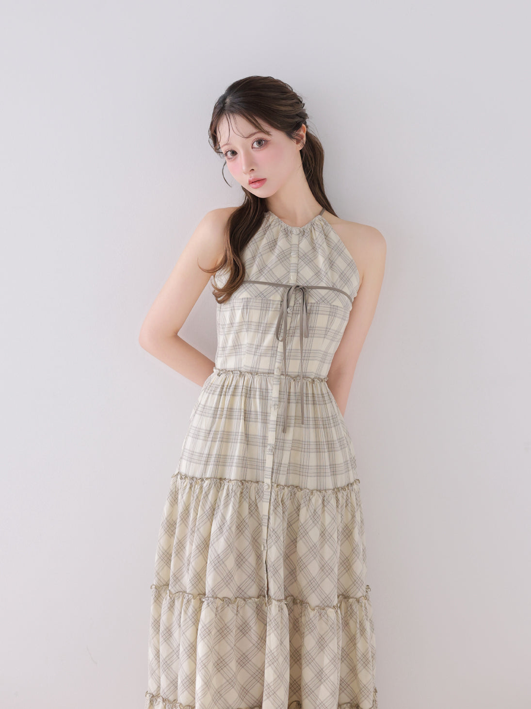 Pre Order】Halter check slit long onepiece(eme10903) – M me eme