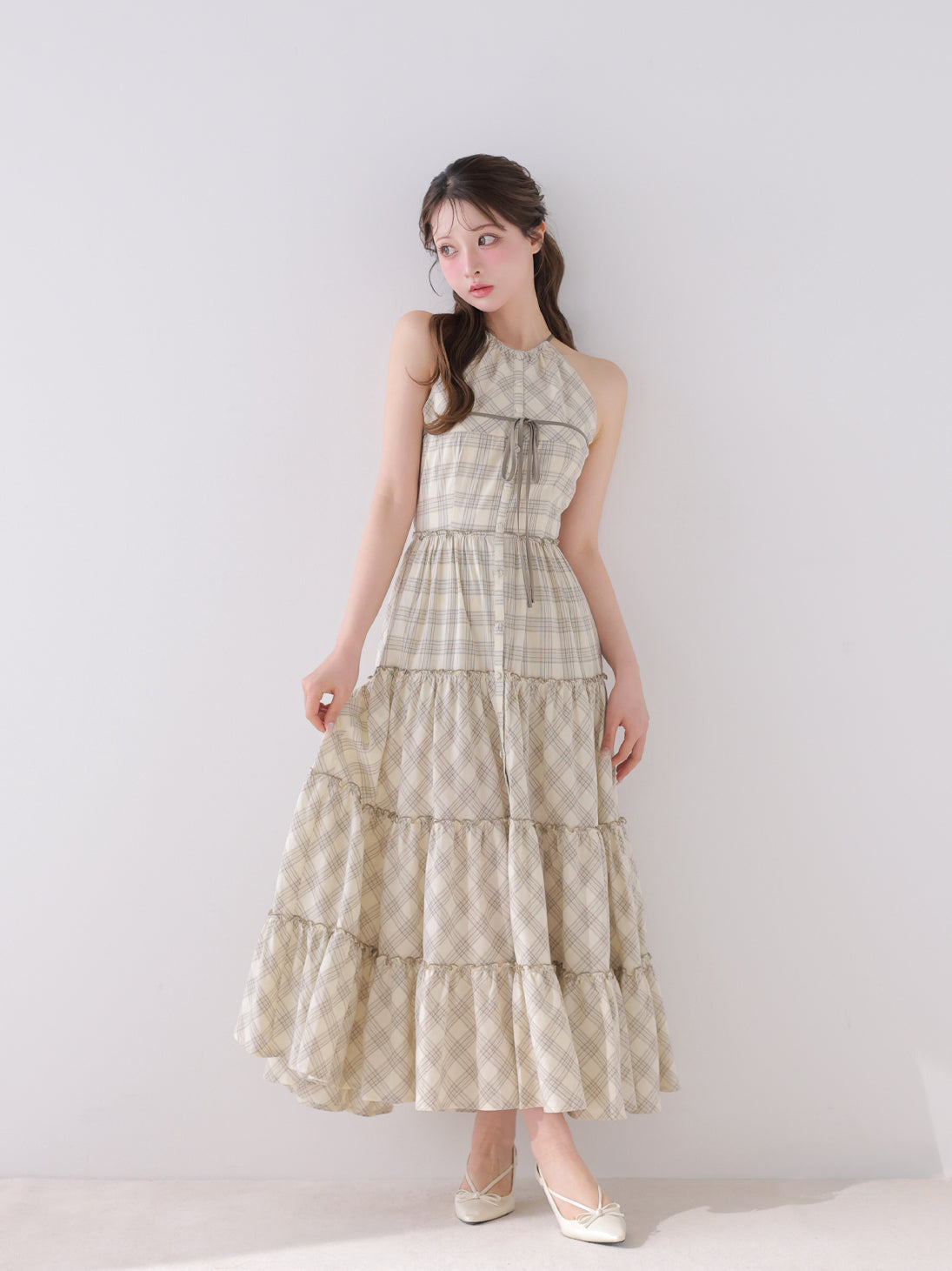 Halter check slit long onepiece(eme10903) – M me eme