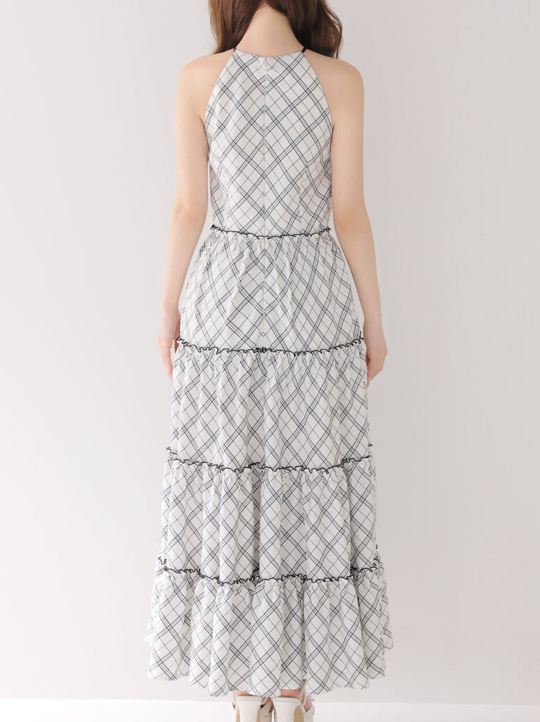 【Pre Order】Halter check slit long onepiece(eme10903)