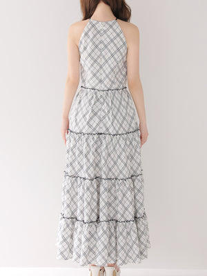 【Pre Order】Halter check slit long onepiece(eme10903)