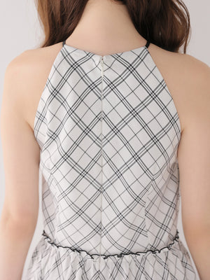【Pre Order】Halter check slit long onepiece(eme10903)