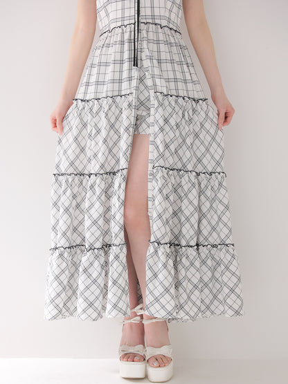 【Pre Order】Halter check slit long onepiece(eme10903)