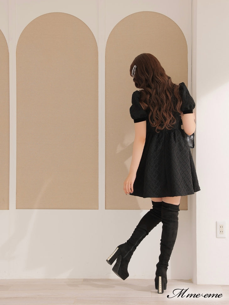 【SALE】 Black ribbon volume dress (eme10235)