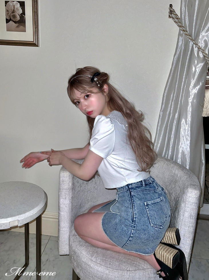 【SALE】Rhinestone denim mini skirt(eme10406)