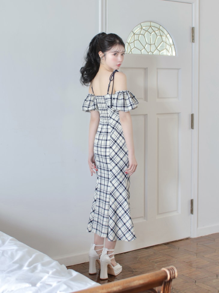 【SALE】2way check long mermaid dress (eme10514)
