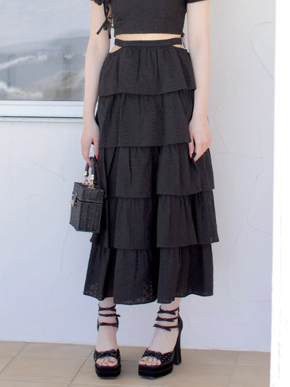 【SALE】Cotton lace tiered long skirt (eme10438)