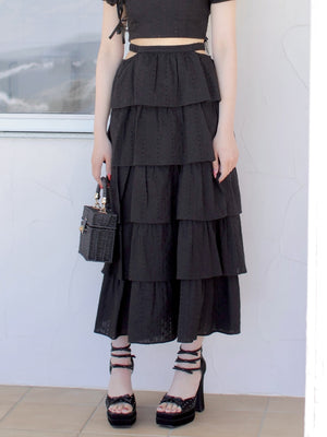 【SALE】Cotton lace tiered long skirt (eme10438)