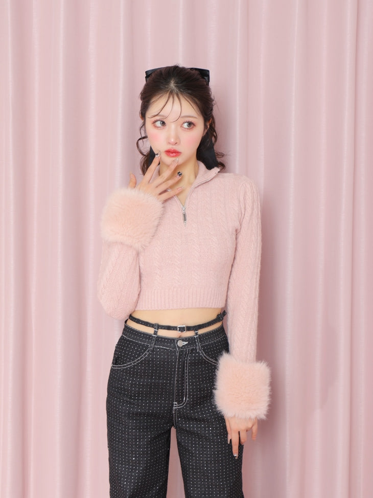 Fake fur cable knit tops(eme10451)