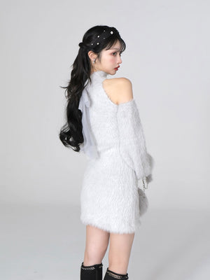 Back ribbon shaggy knit mini onepiece(eme10376)