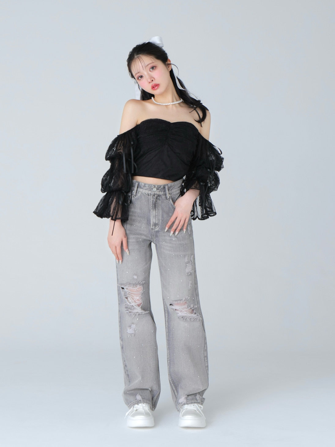 Ribbon beaded platform sneaker(eme10485)