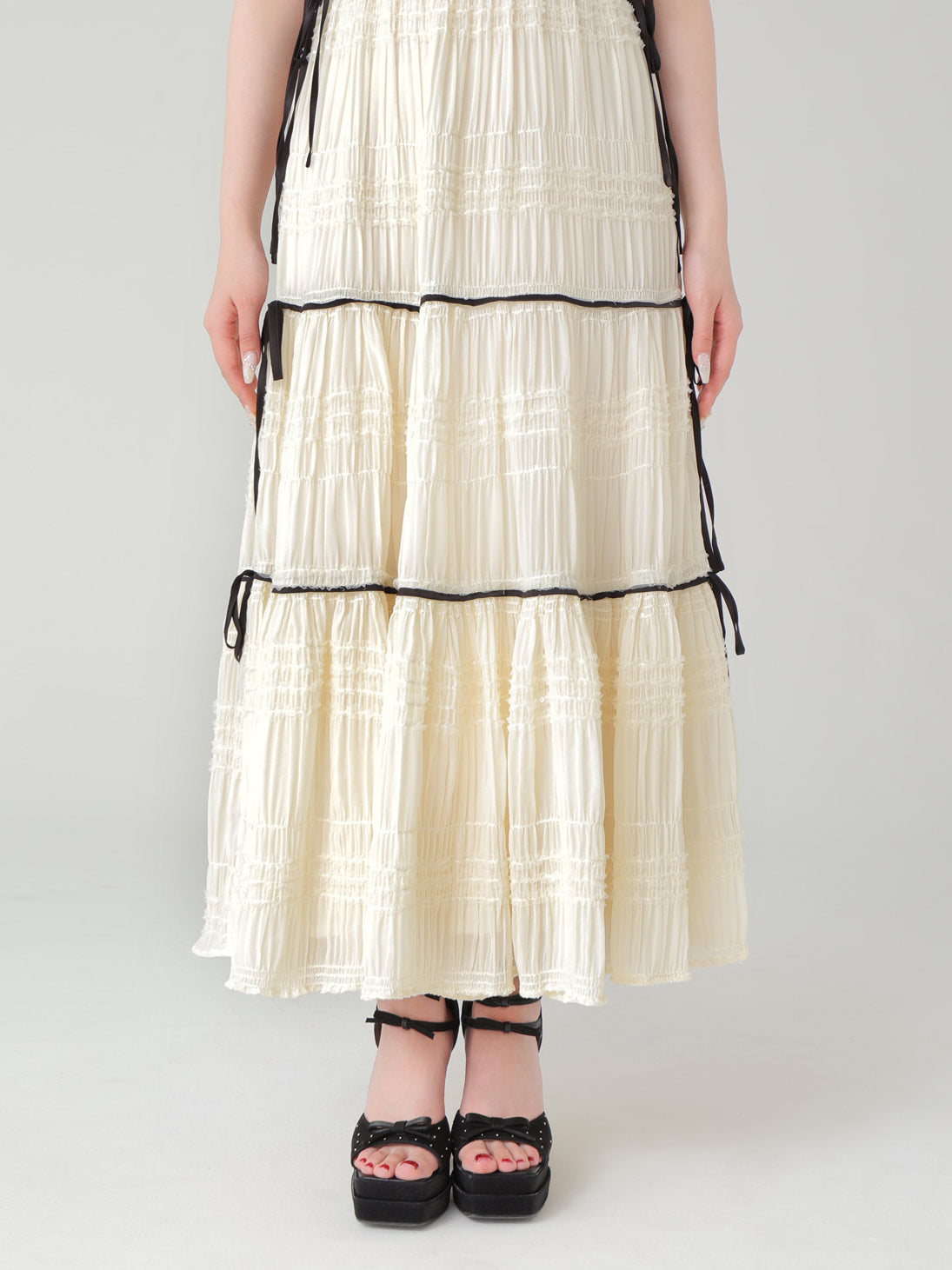 Side ribbon tiered chiffon long onepiece(eme10385)