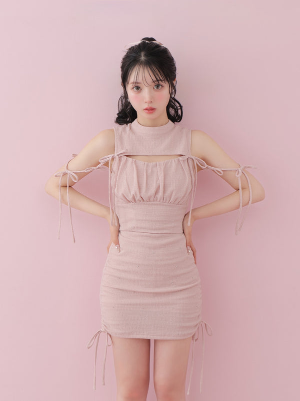 Side ribbon drawstrings bijou mini skirt (eme10703)