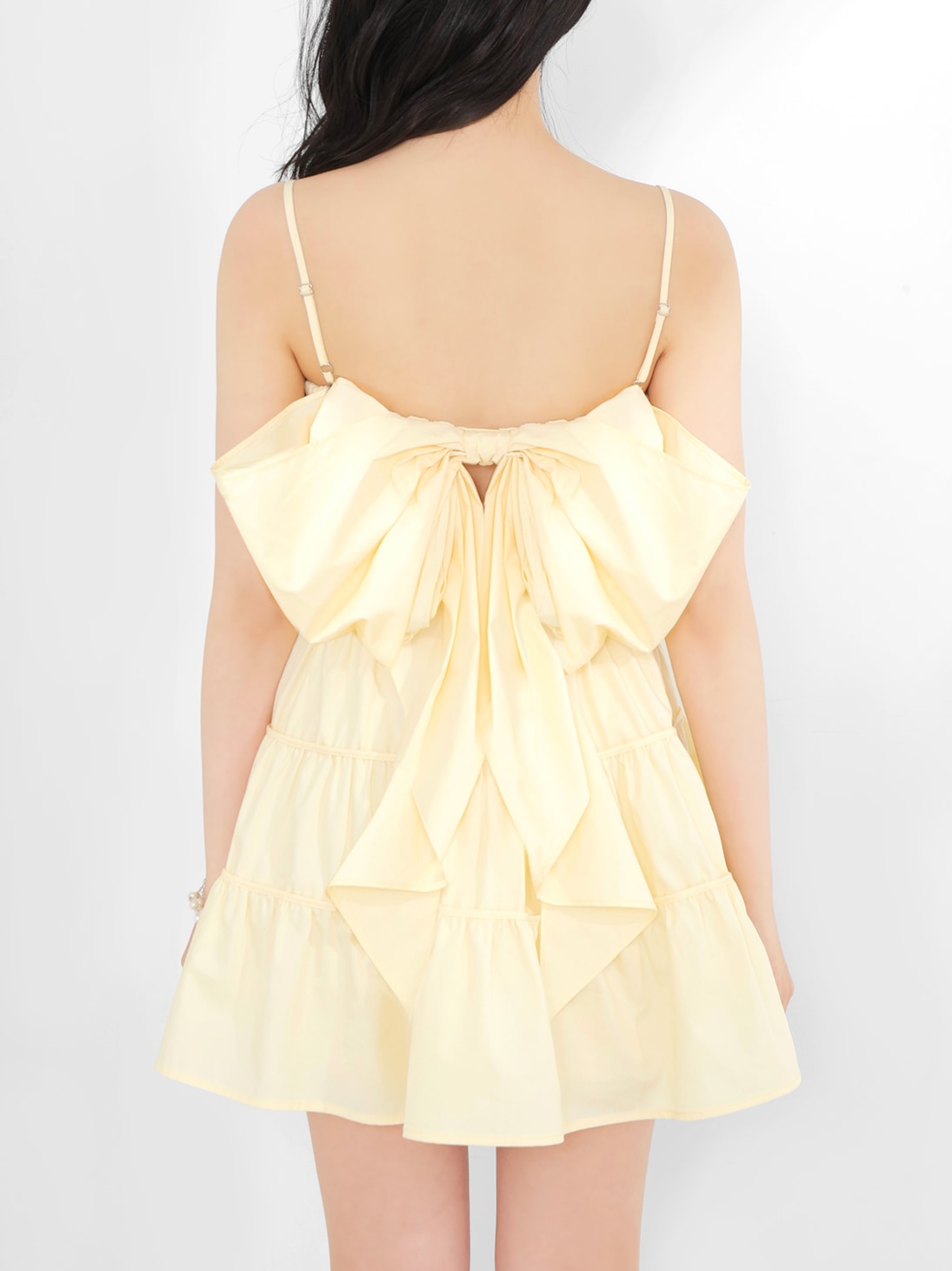 Back ribbon gather flare mini onepiece(eme10704)