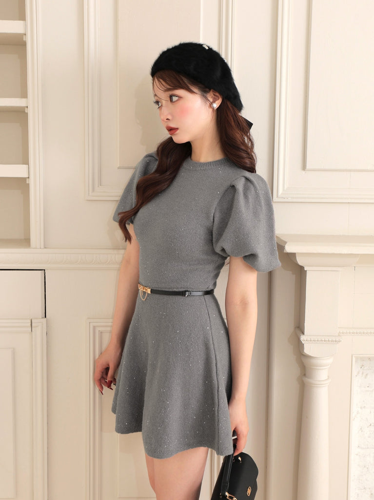 Sequin puff knit belt onepiece(eme10552)