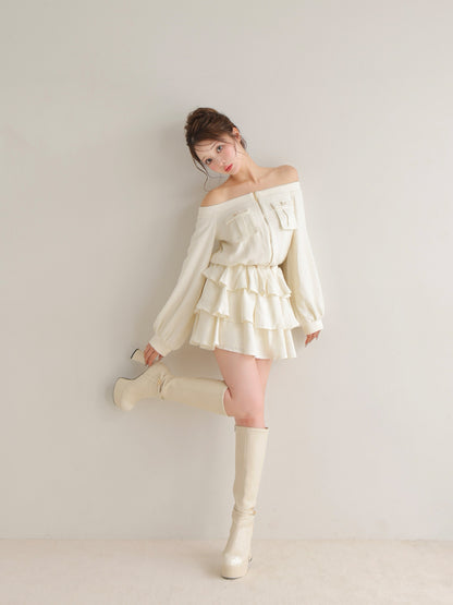 【Pre Order】Tweed zip ruffle set up(eme10566)