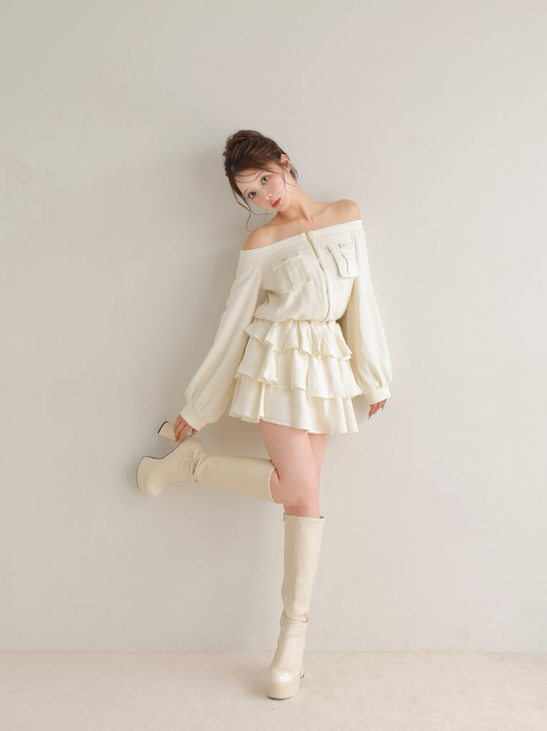 【Pre Order】Tweed zip ruffle set up(eme10566)