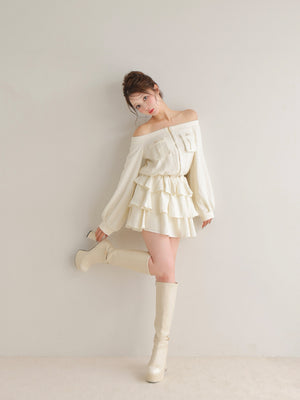 【Pre Order】Tweed zip ruffle set up(eme10566)