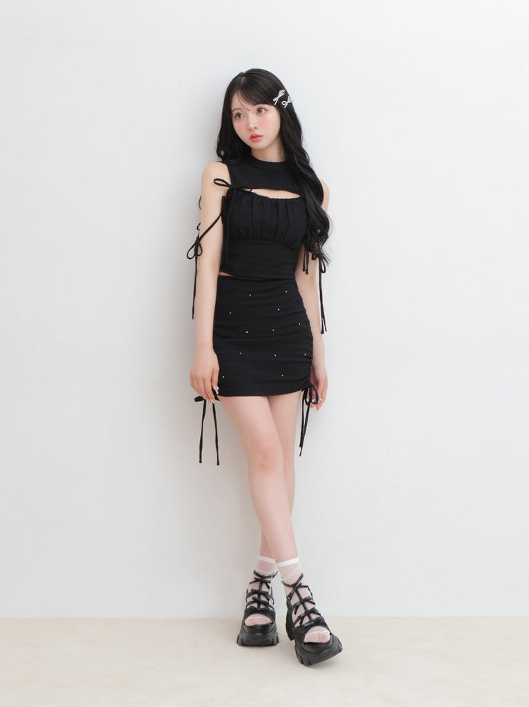 Cut out ribbon gather tops(eme10702)