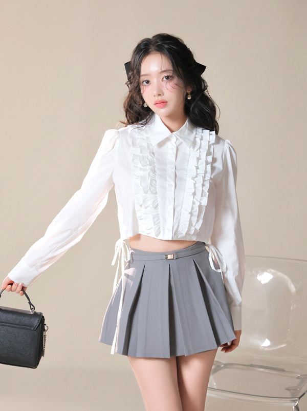 Side ribbon frill cropped blouse(eme11000)