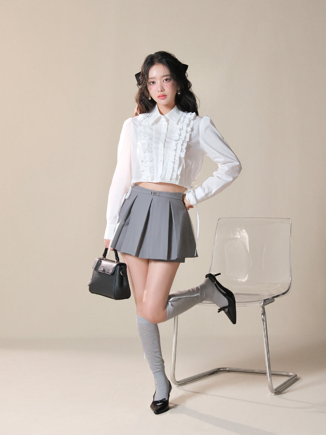 トップス mmeeme Side ribbon frill cropped blouse Side ribbon frill cropped blouse(eme11000) – M me eme