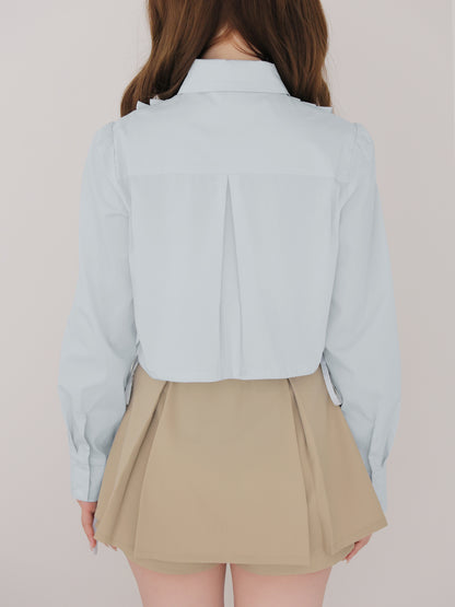 Side Ribbon Frill Cropped Blouse(eme11000)