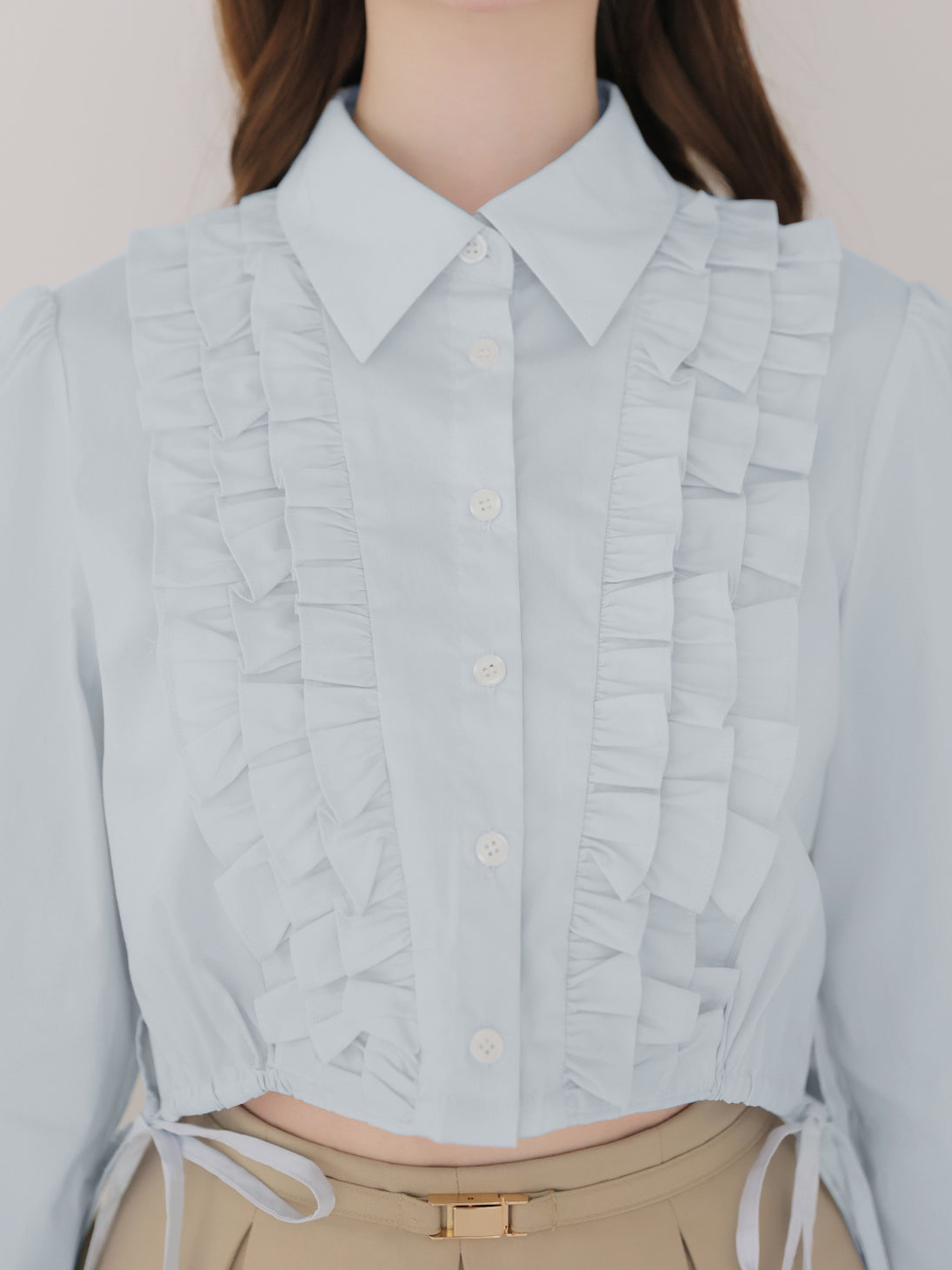 Side Ribbon Frill Cropped Blouse(eme11000)