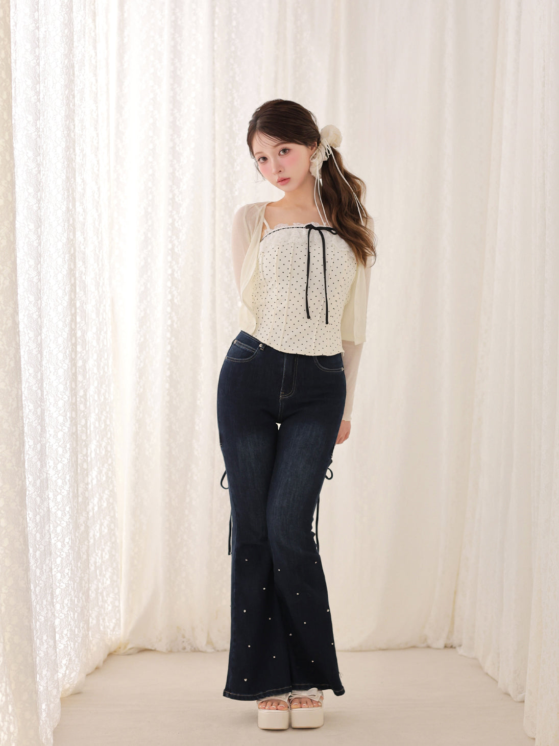 Pre Order】Back ribbon slim flare denim(eme10573) – M me eme