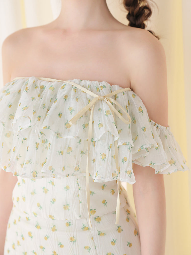 【Pre order】Rosy chiffon off shoulder bare tops(eme11007)