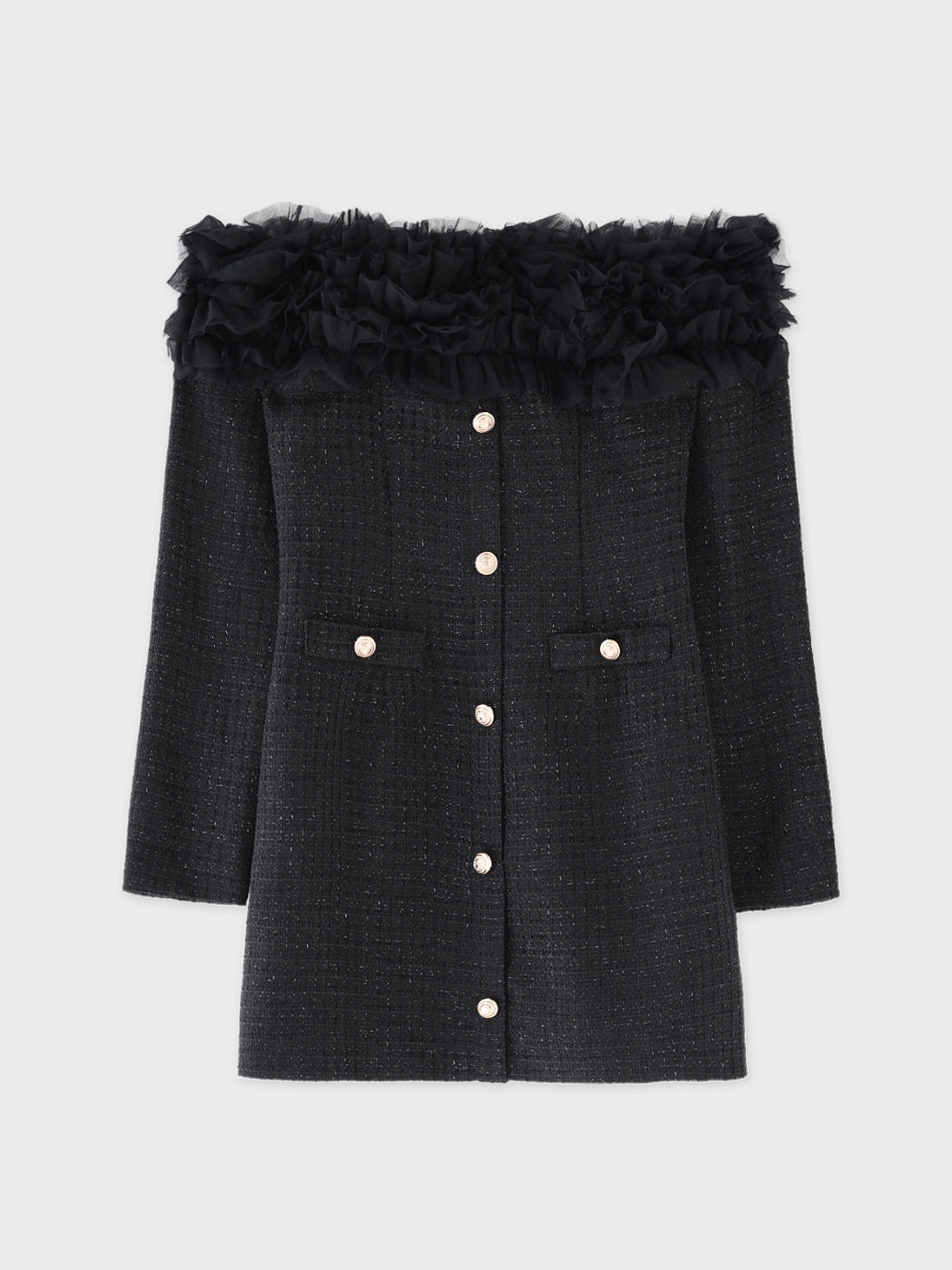 Tulle ruffle off the shoulder tweed mini onepiece(eme11011)
