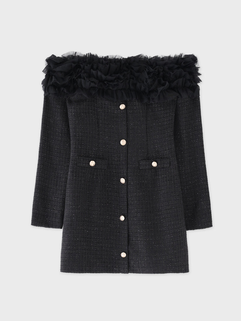 Tulle ruffle off the shoulder tweed mini onepiece(eme11011)