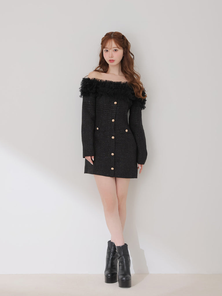 Tulle ruffle off the shoulder tweed mini onepiece(eme11011)