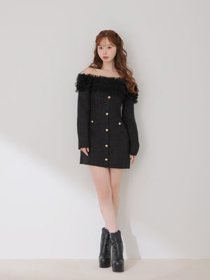 Tulle ruffle off the shoulder tweed mini onepiece(eme11011)