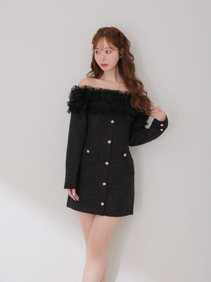 Tulle ruffle off the shoulder tweed mini onepiece(eme11011)