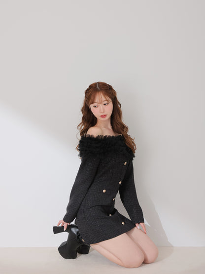 Tulle ruffle off the shoulder tweed mini onepiece(eme11011)