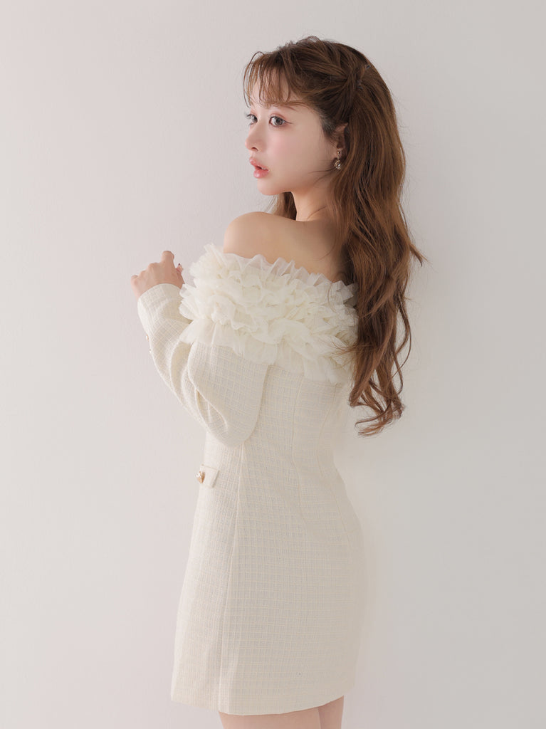 Tulle ruffle off the shoulder tweed mini onepiece(eme11011)