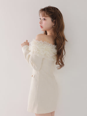 Tulle ruffle off the shoulder tweed mini onepiece(eme11011)