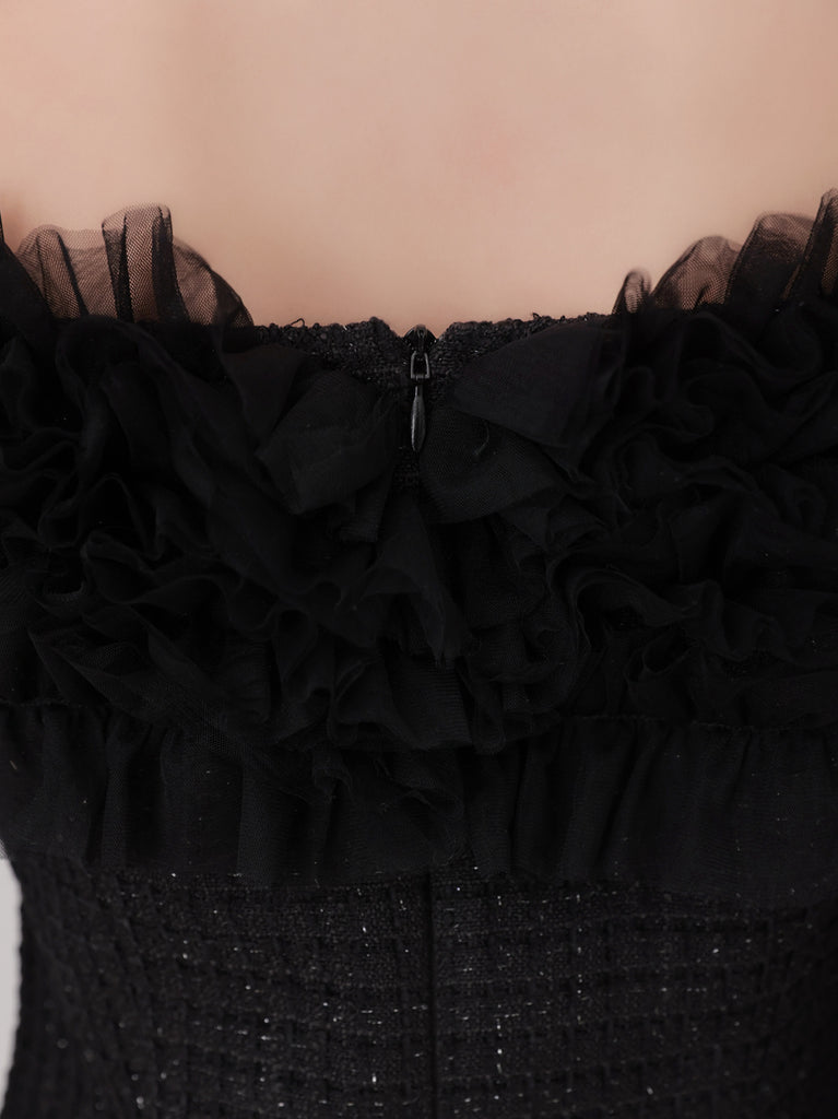 Tulle ruffle off the shoulder tweed mini onepiece(eme11011)