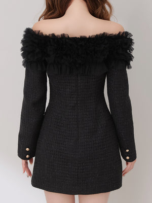 Tulle ruffle off the shoulder tweed mini onepiece(eme11011)