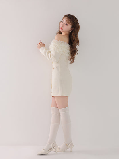 Tulle ruffle off the shoulder tweed mini onepiece(eme11011)