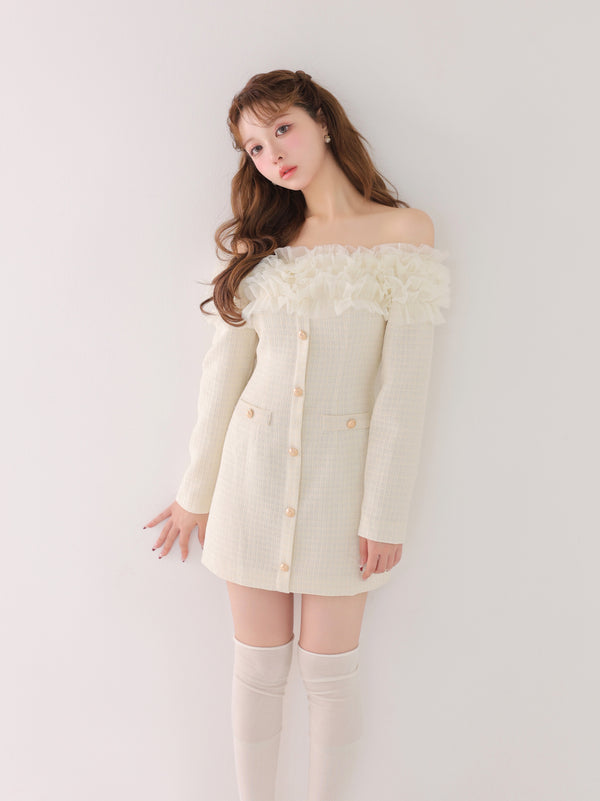 Tulle ruffle off the shoulder tweed mini onepiece(eme11011)