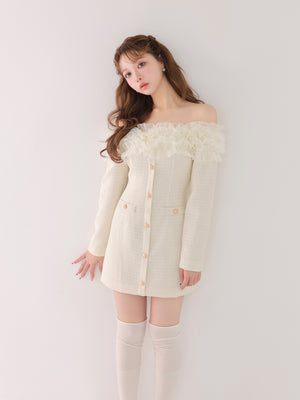 Tulle ruffle off the shoulder tweed mini onepiece(eme11011)
