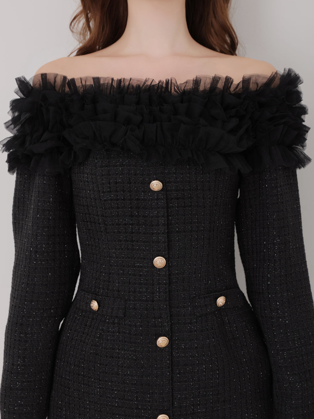 Tulle ruffle off the shoulder tweed mini onepiece(eme11011)
