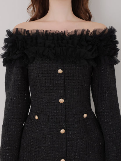 Tulle ruffle off the shoulder tweed mini onepiece(eme11011)