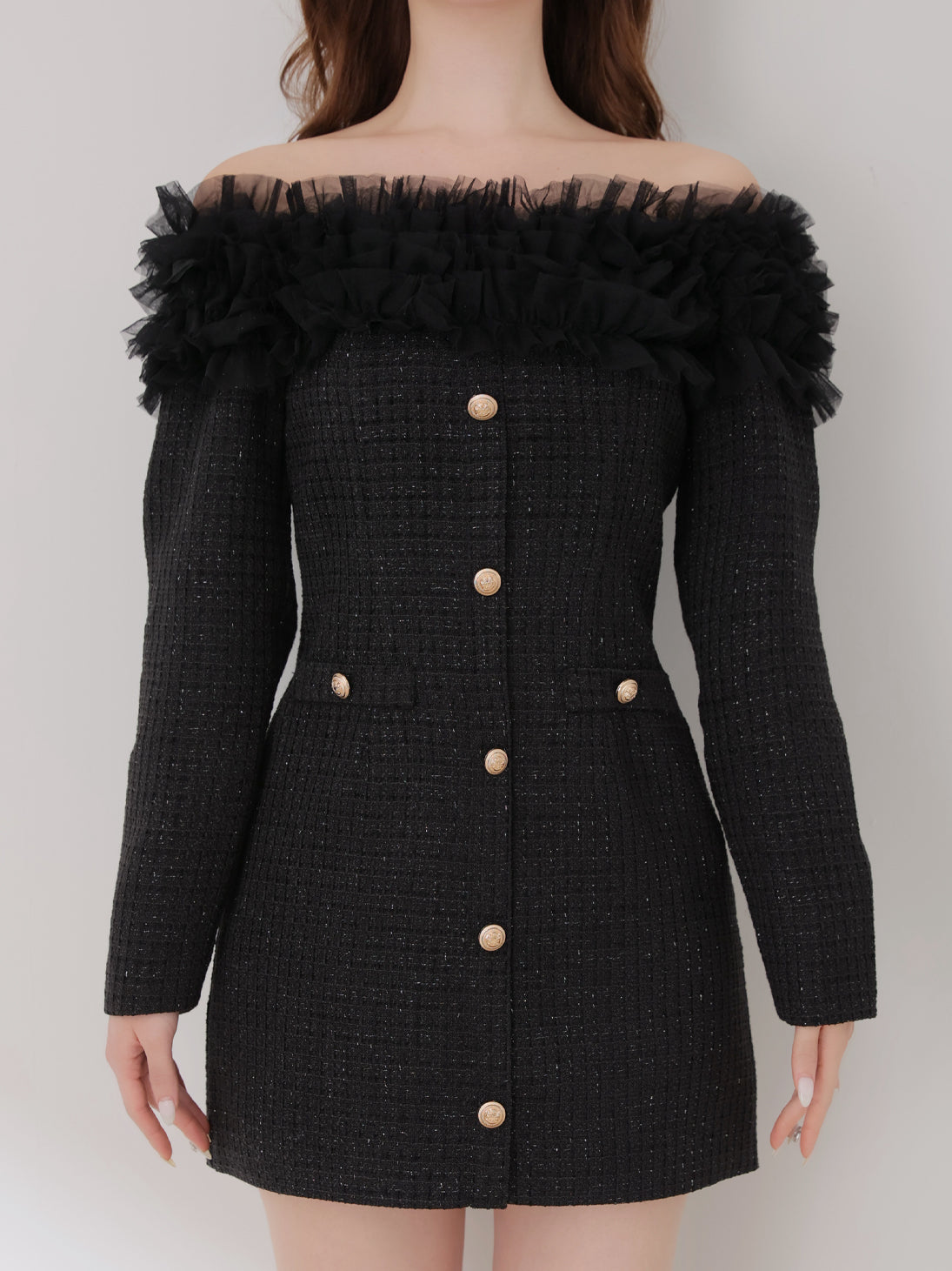 Tulle ruffle off the shoulder tweed mini onepiece(eme11011)