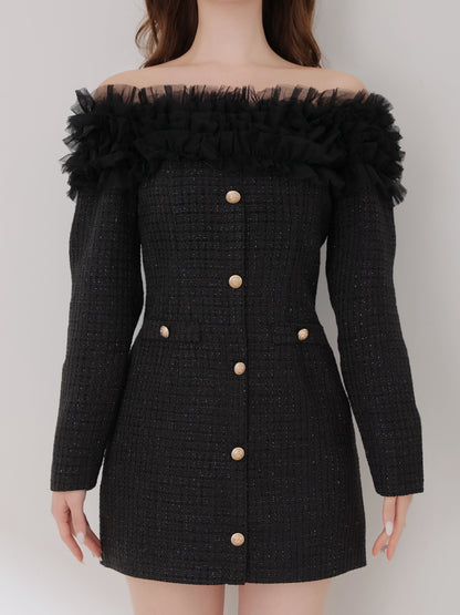 Tulle ruffle off the shoulder tweed mini onepiece(eme11011)