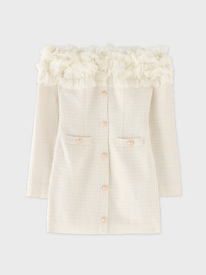 Tulle ruffle off the shoulder tweed mini onepiece(eme11011)