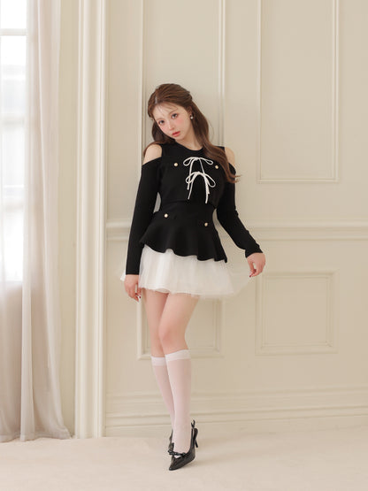 【Pre Order】Ribbon peplum tulle knit set (eme11018)
