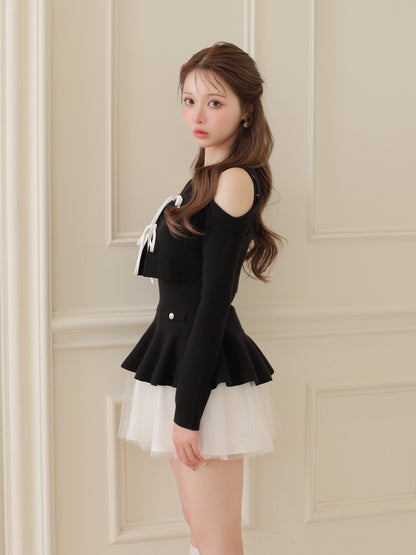 【Pre Order】Ribbon peplum tulle knit set (eme11018)