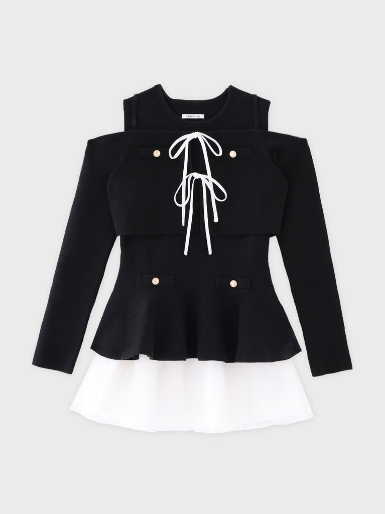 【Pre Order】Ribbon peplum tulle knit set (eme11018)
